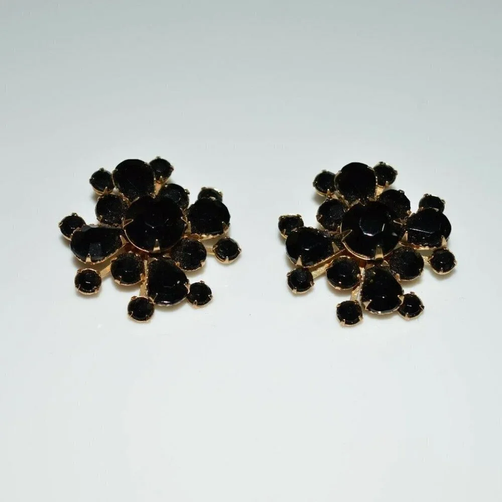 Gold Tone Large Black Glass Rhinestone Flower Set